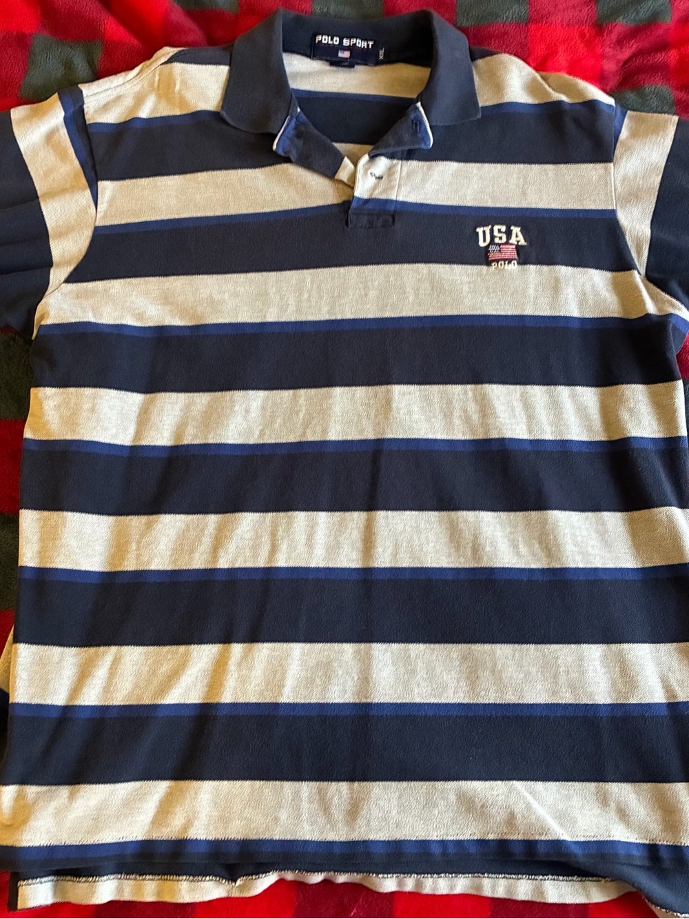 Polo by Ralph Lauren Navy, White and Blue Striped Polo Shirt with USA Patch